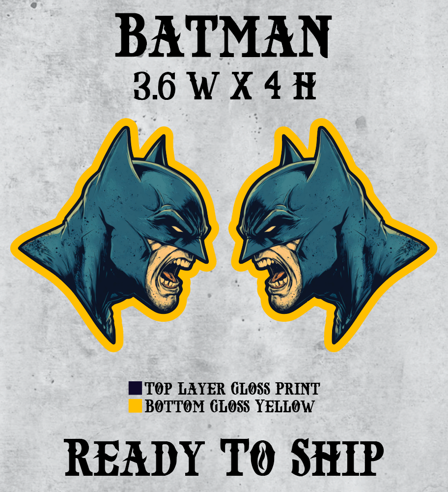 Pair of custom Batman car badges featuring the iconic Batman, designed for vehicle personalization and Dark Knight enthusiasts.