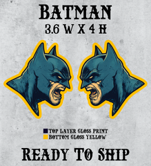 Pair of custom Batman car badges featuring the iconic Batman, designed for vehicle personalization and Dark Knight enthusiasts.