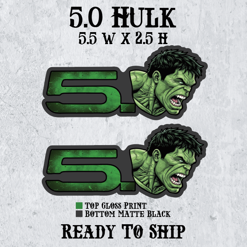 Two green and black Hulk Badges with 5.0 on a matte black background