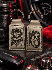 Built Not Bought and V8 engraved leather keychains for muscle car owners